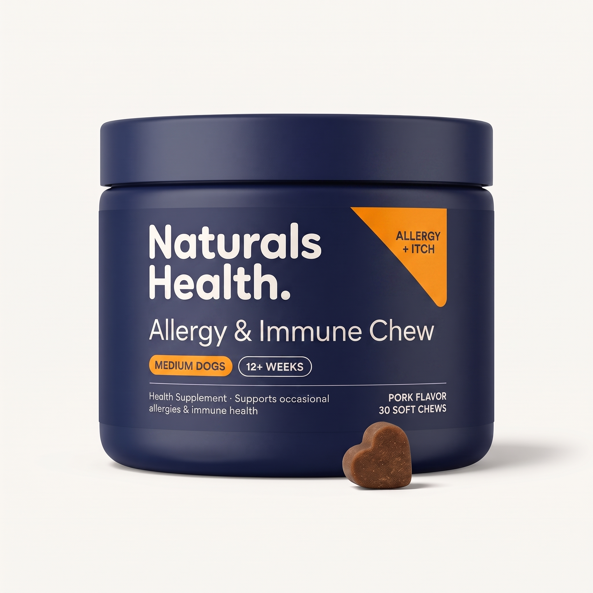 Naturals Health Allergy & Immune Chew — navy jar with Allergy + Itch chip