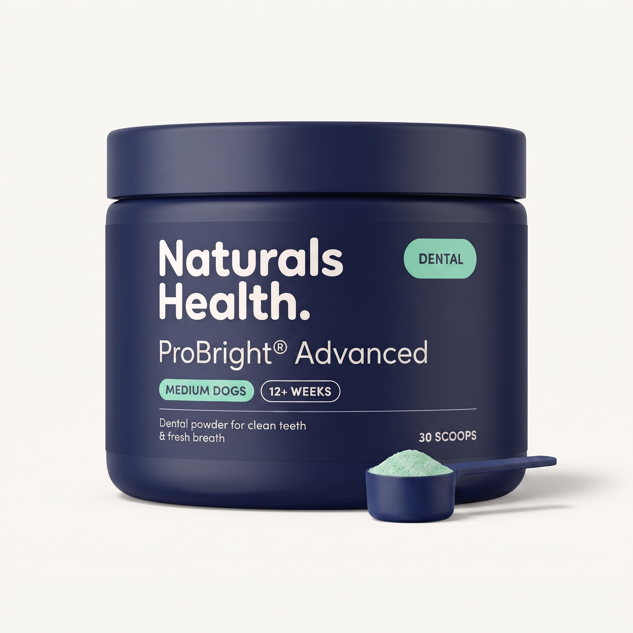 Naturals Health ProBright Advanced — navy jar with Dental chip and scoop