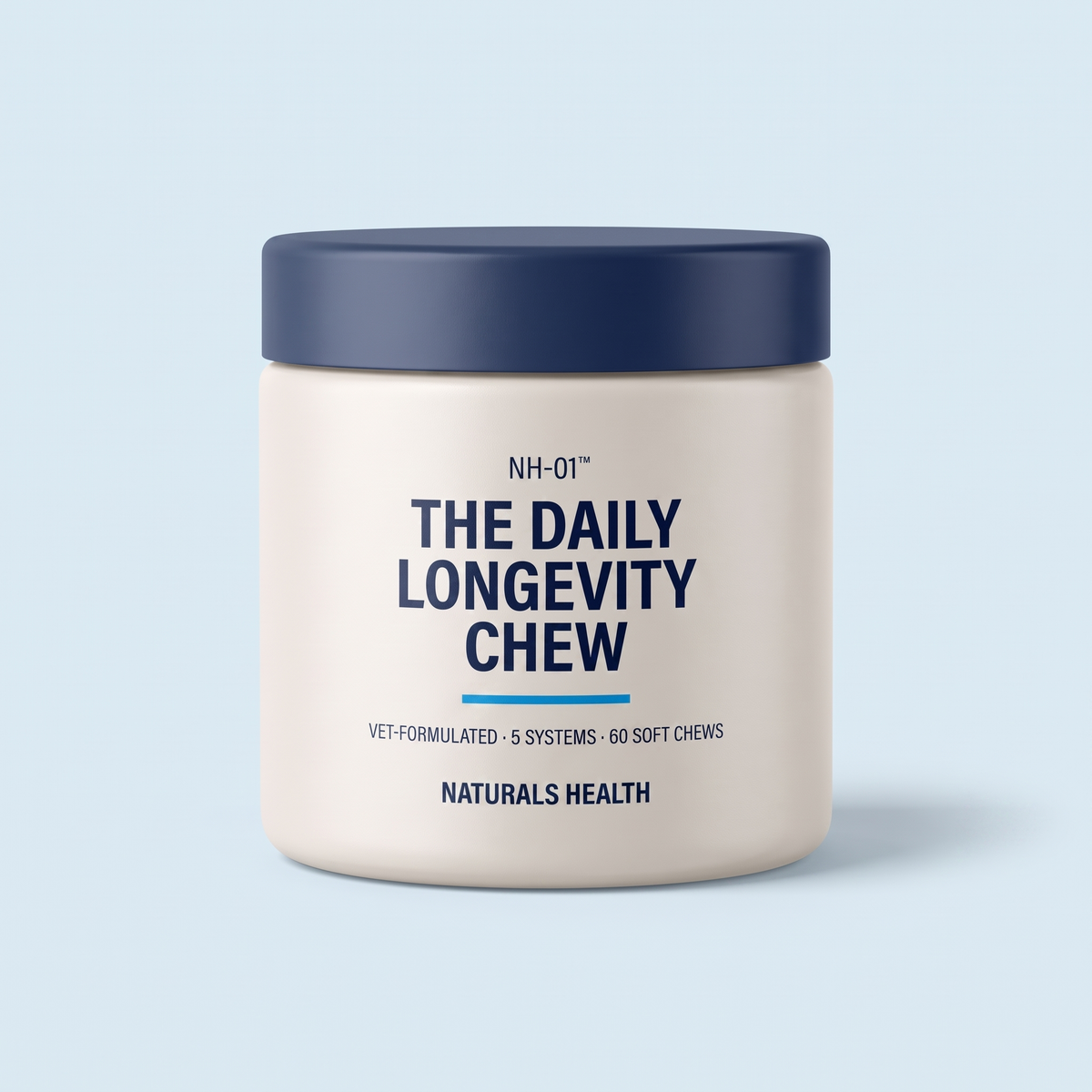 NH-01 The Daily Longevity Chew — bone-white jar with navy lid
