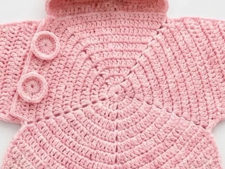 Close-up of the hand-crocheted stitching and buttons on a pink StarSnuggy