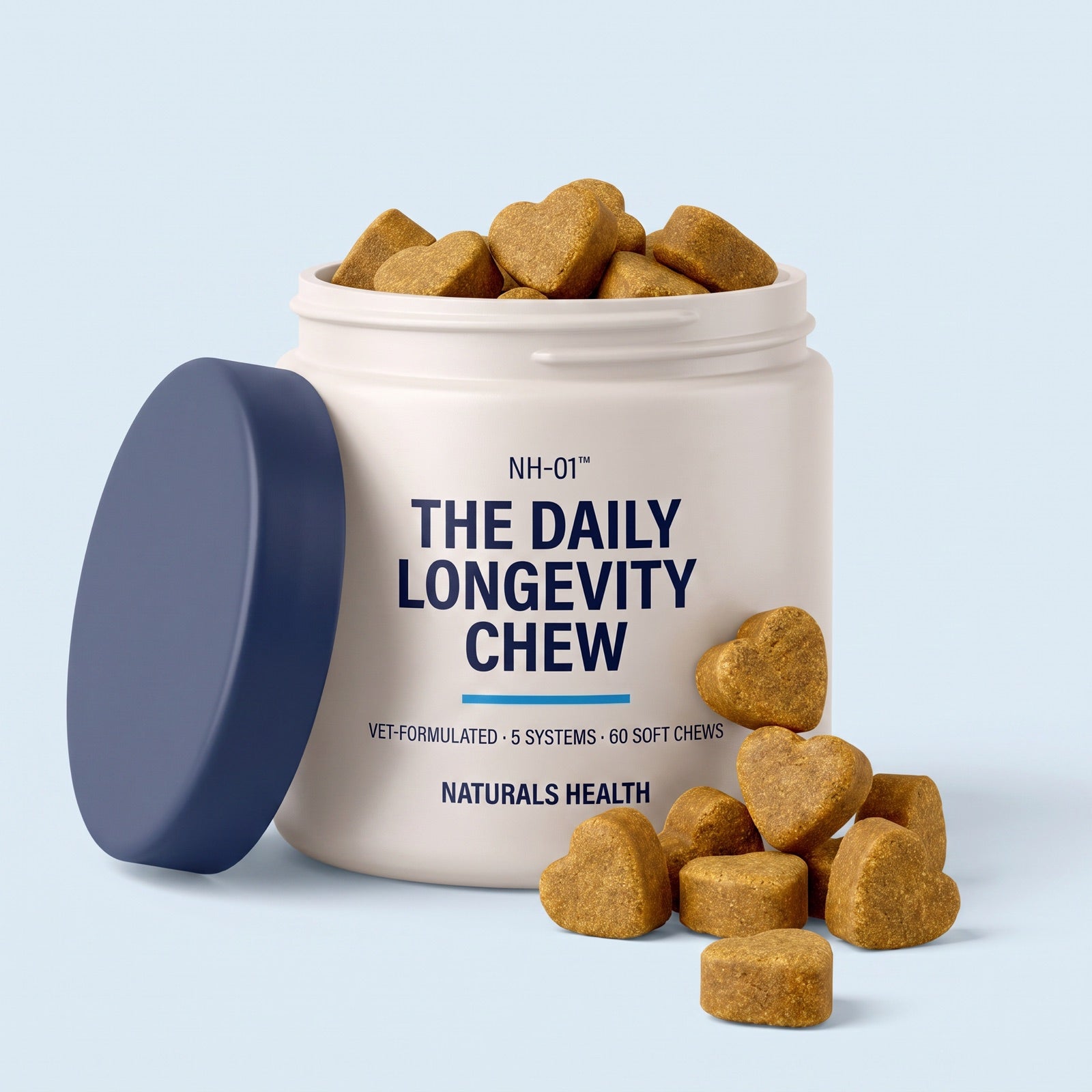 NH-01 jar with the lid off and soft chews spilling out